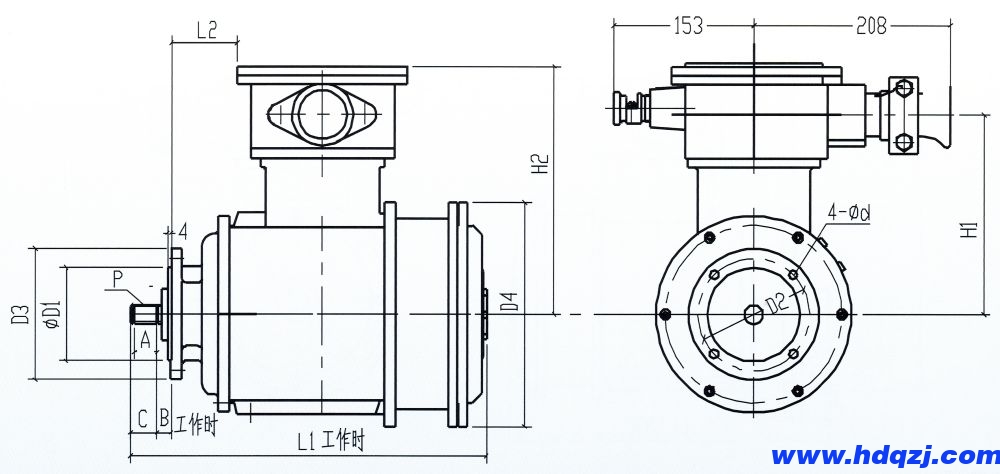 BZDY系列防爆電動(dòng)葫蘆運(yùn)行一機(jī)雙速電動(dòng)機(jī)外形尺寸圖